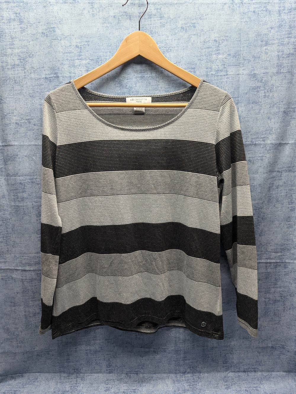 Liz Claiborne Knit Striped Top grunge  Long-Sleeve Mall Goth Petite Large Gray